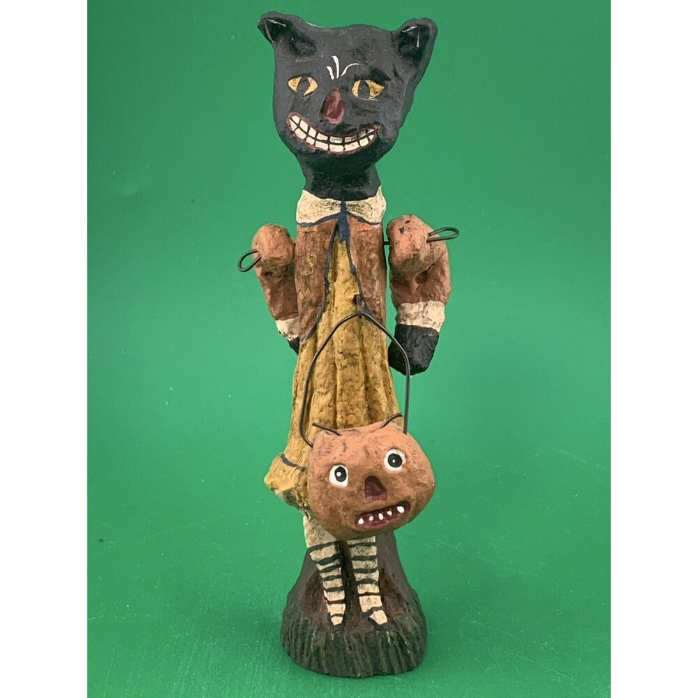 Halloween Black Cat Figurine Resin Jack O Lantern Retro Folk Art Small Decor